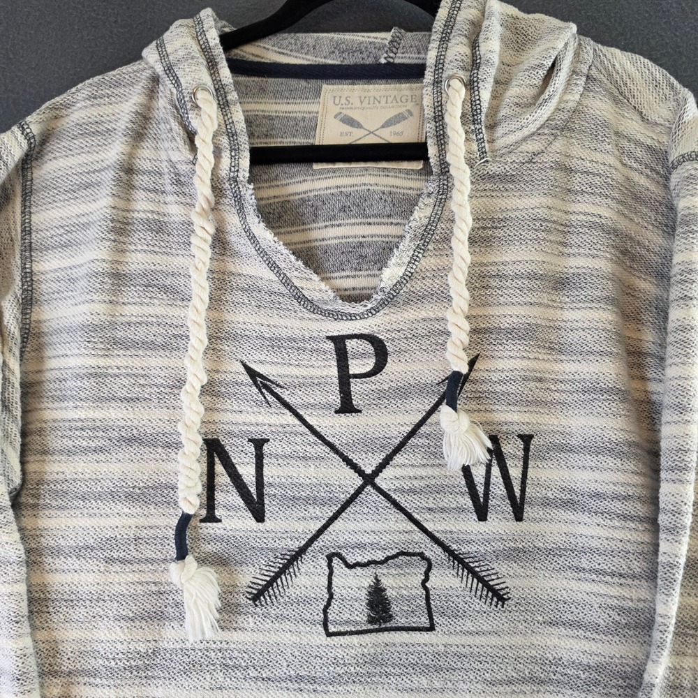 US Vintage PNW Pacific Northwest Striped Hoodie Mens Large Grey White Oregon